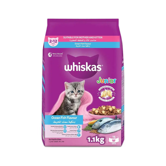 Whiskas Kitten Ocean Fish Flavor with Milk Dry Kitten Food, Bag of 1.1Kg, for Mothers and Kittens, Prebiotics and Colostrum Pets971.com