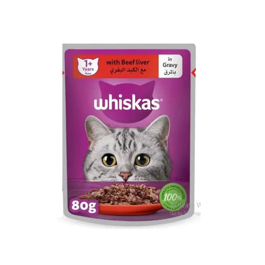 Whiskas Beef Liver in Gravy Wet Cat Food Pack of 1x80g, Wet Food for 1+ Years Adult Cats, Complete and Balanced Nutrition Pets971.com