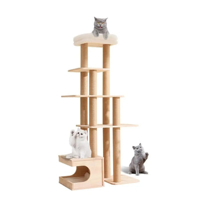 Wood Cat Tree for Indoor Cats,Tall Cat Furniture with Natural Sisal Rope Scratching Post, Modern Wooden Cat Tower with Cave, Mat,Stable Pet Playhouse Furniture (5 layers) Pets971.com