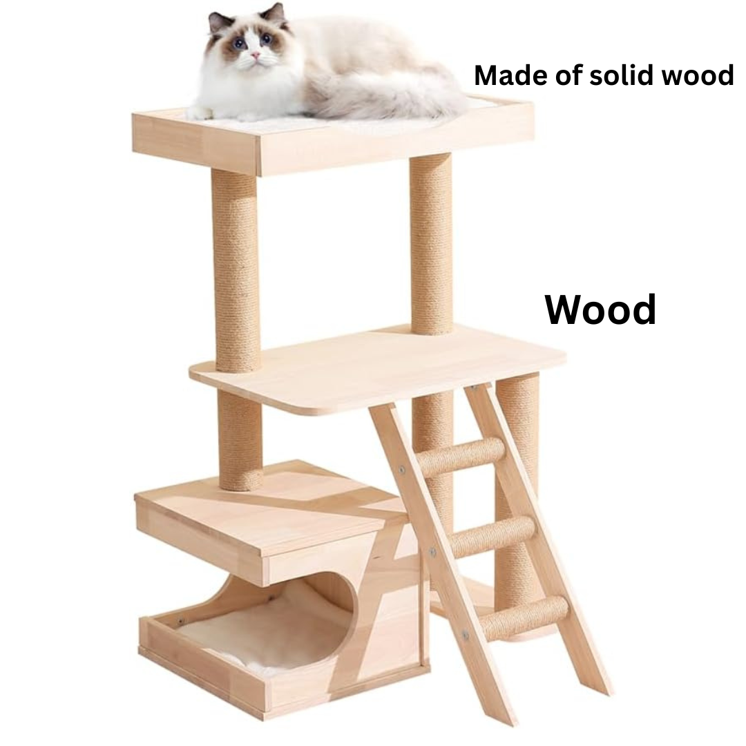 Cat Tree Wooden for Indoor Cats,Tall Cat Furniture with Natural Sisal Rope Scratching Post, Modern Wooden Cat Tower with Cave, Mat,Stable Pet Playhouse Furniture (3 layers)