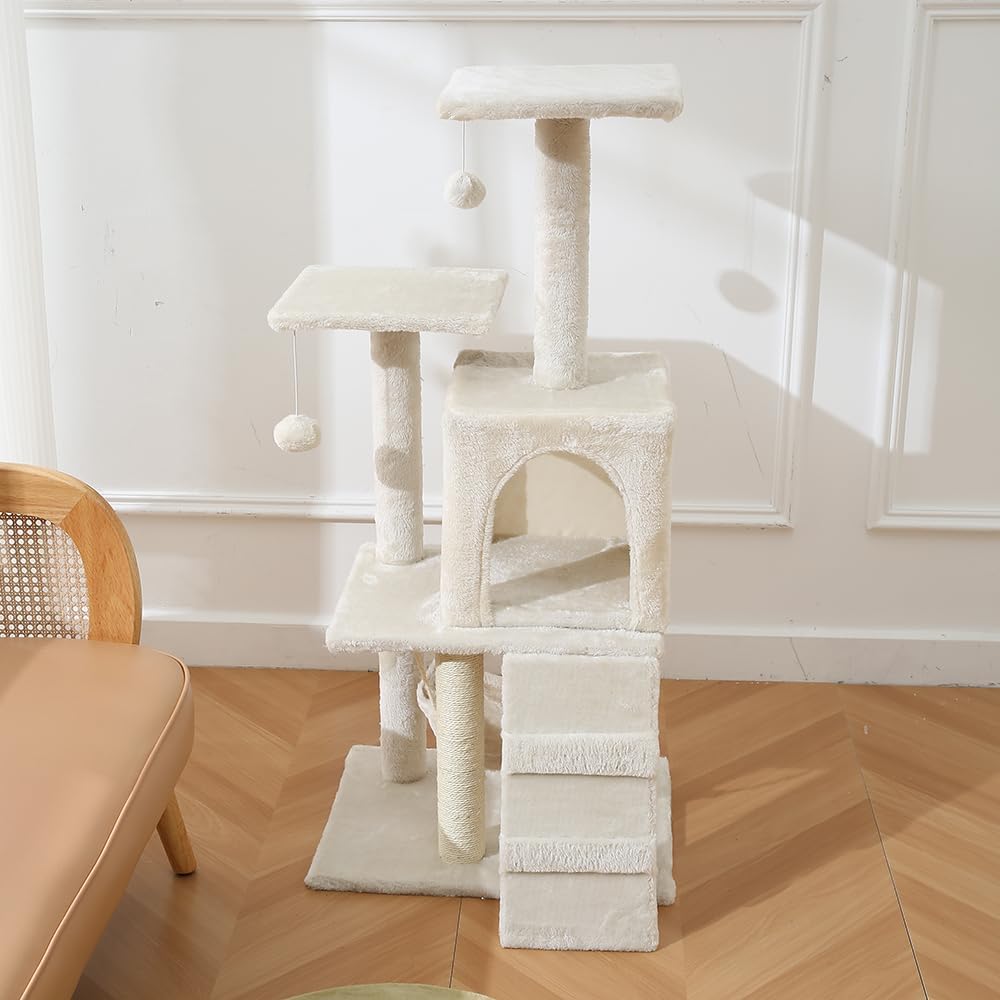 Cat Tower, Indoor Cat Tree with Sisal Covered Catch Posts and Plush Catch Balls, Suitable for Small and Medium-sized Cats(beige, 50 * 40 * 110 With hammock)
