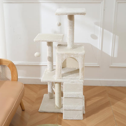 Cat Tower, Indoor Cat Tree with Sisal Covered Catch Posts and Plush Catch Balls, Suitable for Small and Medium-sized Cats(beige, 50 * 40 * 110 With hammock)