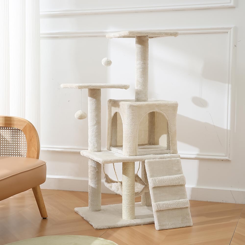 Cat Tower, Indoor Cat Tree with Sisal Covered Catch Posts and Plush Catch Balls, Suitable for Small and Medium-sized Cats(beige, 50 * 40 * 110 With hammock)