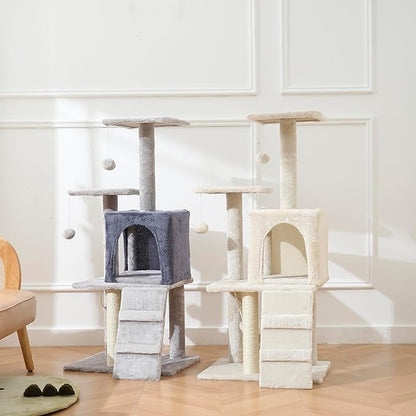 Cat Tower, Indoor Cat Tree with Sisal Covered Catch Posts and Plush Catch Balls, Suitable for Small and Medium-sized Cats(GRAY, 50 * 40 * 110 With hammock)