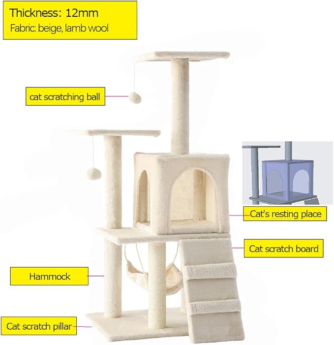 Cat Tower, Indoor Cat Tree with Sisal Covered Catch Posts and Plush Catch Balls, Suitable for Small and Medium-sized Cats(beige, 50 * 40 * 110 With hammock)
