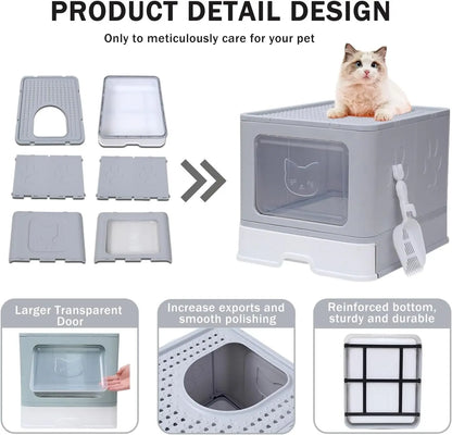 EnclosedcCat Litter Box with Scoop, Odor Control, Easy to Clean (Grey Square Door) Pets971.com