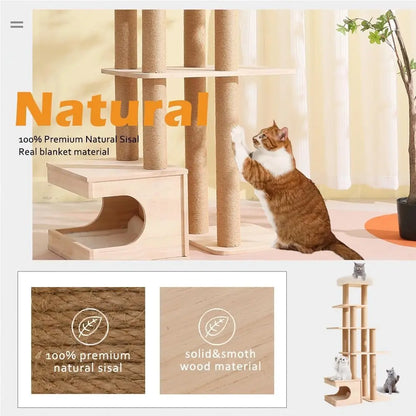 Wood Cat Tree for Indoor Cats,Tall Cat Furniture with Natural Sisal Rope Scratching Post, Modern Wooden Cat Tower with Cave, Mat,Stable Pet Playhouse Furniture (5 layers) Pets971.com
