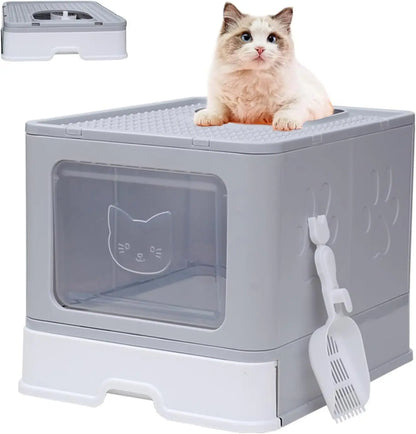 EnclosedcCat Litter Box with Scoop, Odor Control, Easy to Clean (Grey Square Door) Pets971.com