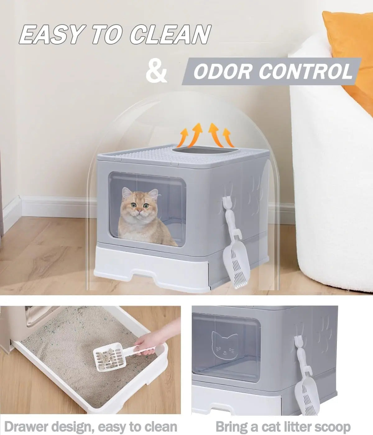 EnclosedcCat Litter Box with Scoop, Odor Control, Easy to Clean (Grey Square Door) Pets971.com
