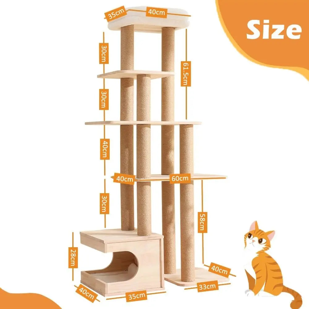 Wood Cat Tree for Indoor Cats,Tall Cat Furniture with Natural Sisal Rope Scratching Post, Modern Wooden Cat Tower with Cave, Mat,Stable Pet Playhouse Furniture (5 layers) Pets971.com