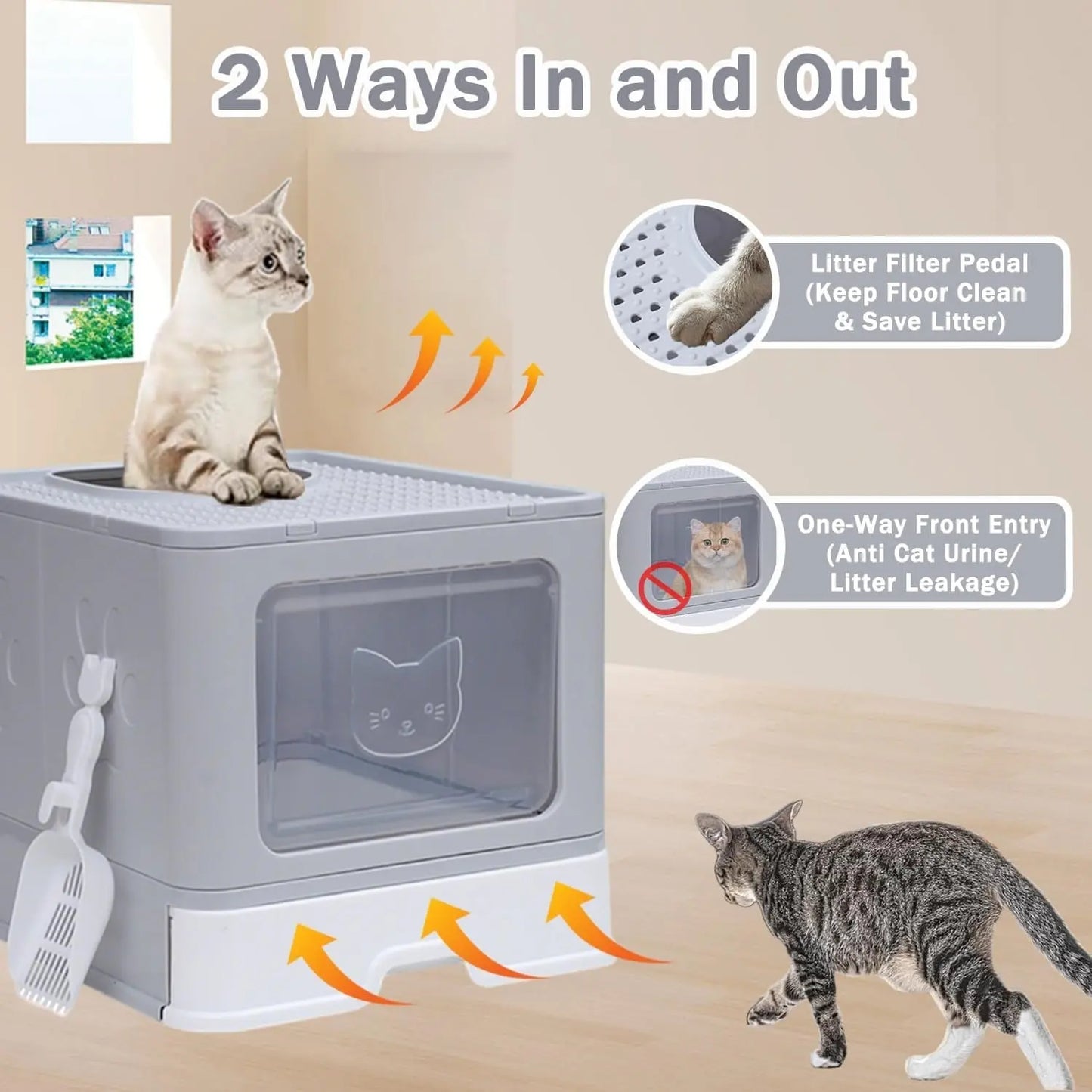 EnclosedcCat Litter Box with Scoop, Odor Control, Easy to Clean (Grey Square Door) Pets971.com
