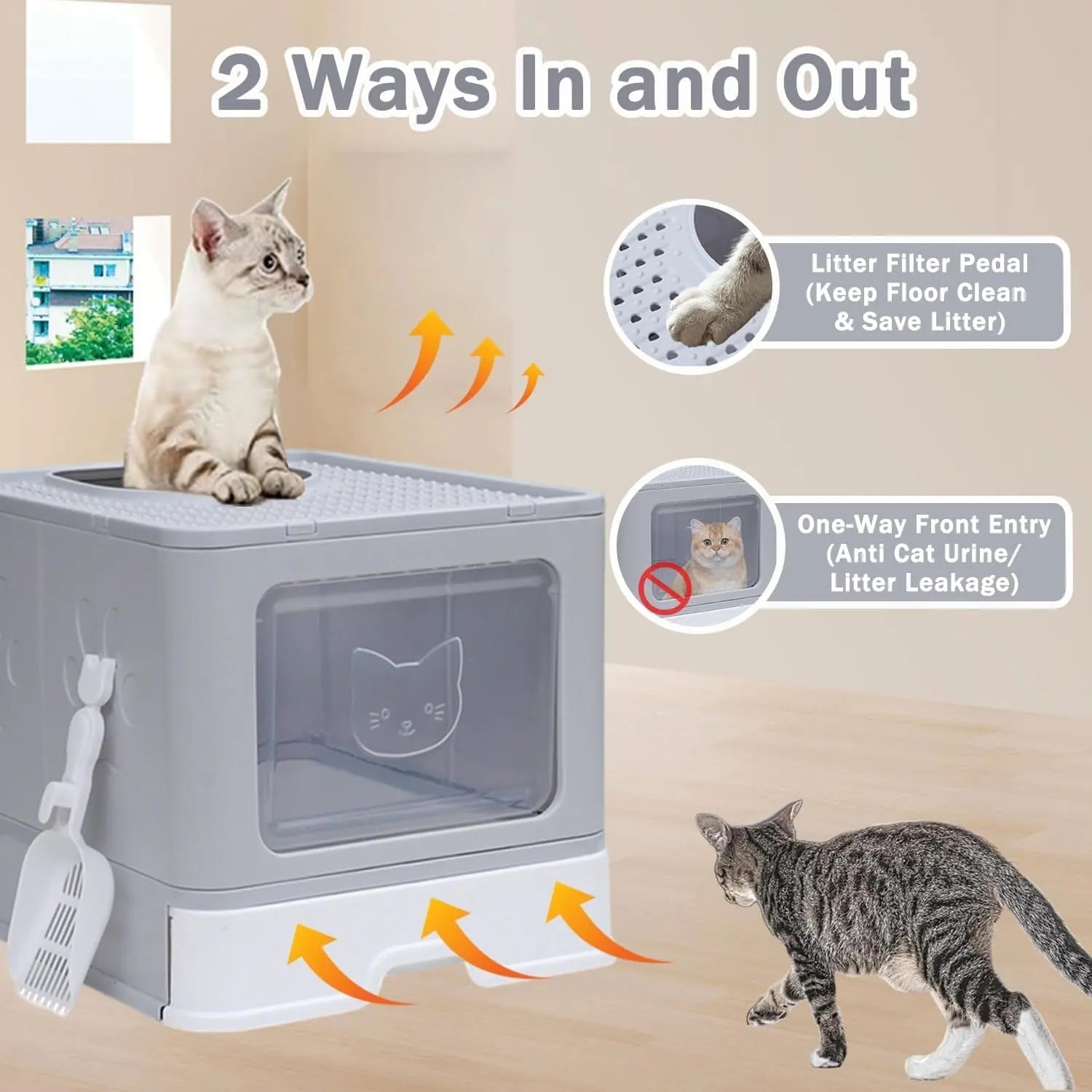 EnclosedcCat Litter Box with Scoop, Odor Control, Easy to Clean (Grey Square Door) Pets971.com