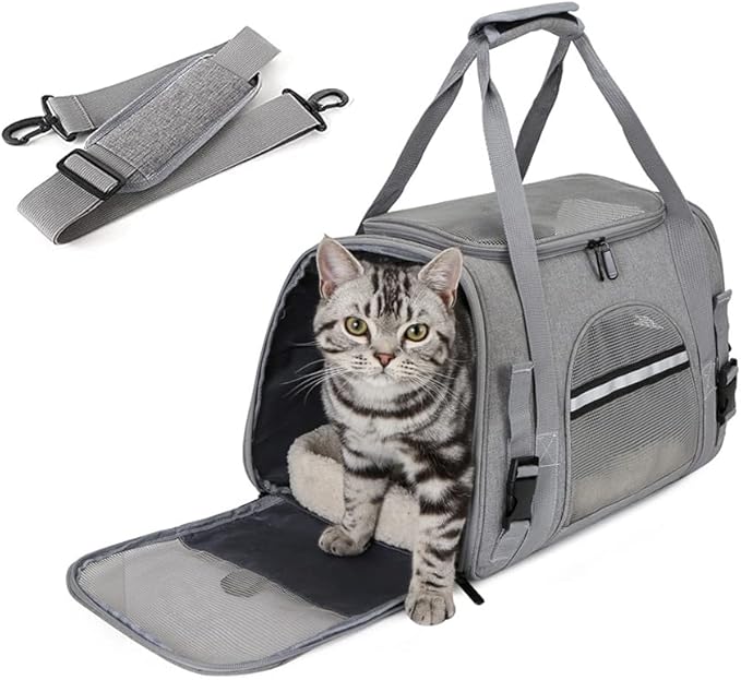 Airline Approved Soft Sided Pet Carrier with Fleece Pad for Cat and Small Dogs, Portable Cozy Travel Pet Bag, Car Seat Safe Carrier (43 * 25 * 28cm, Gray(with Fluff cushion))