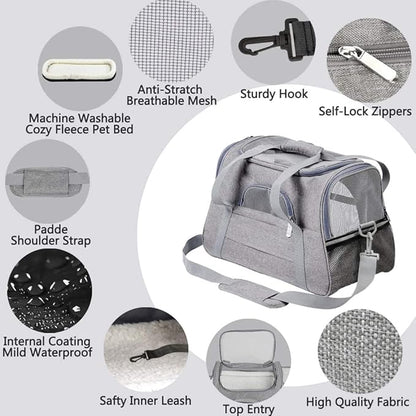 Airline Approved Soft Sided Pet Carrier with Fleece Pad for Cat and Small Dogs, Portable Cozy Travel Pet Bag, Car Seat Safe Carrier (43 * 25 * 28cm, Gray(with Fluff cushion))