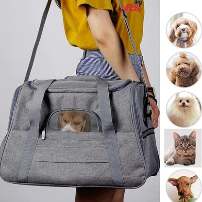 Airline Approved Soft Sided Pet Carrier with Fleece Pad for Cat and Small Dogs, Portable Cozy Travel Pet Bag, Car Seat Safe Carrier (43 * 25 * 28cm, Gray(with Fluff cushion))