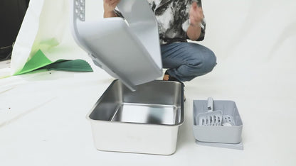 Stainless Steel Cat Litter Box 35L Large Capacity with Litter Scoop, Odor Control & Rust-Proof, Non-Stick Bottom & Easy to Clean