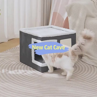 Multifunction Cat House, Indoor Bed, Nest, Foldable Cube Cave, Large Pet Play House With Fluffy Ball Hanging, Scratch Pad and Detachable Storage Box (Corner Opening, Grey)